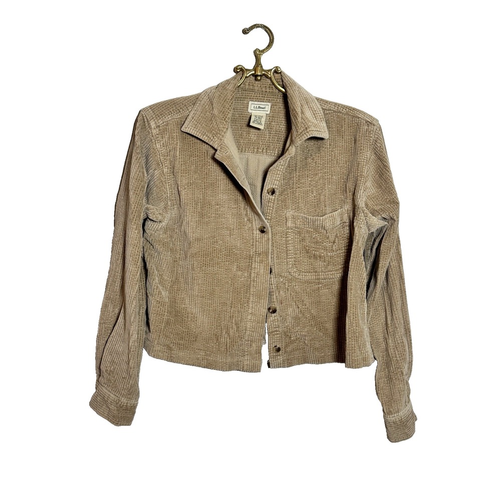 Vintage 90s L.L. LL Bean Cord Corduroy Button Shirt Tan Crop Women's XS